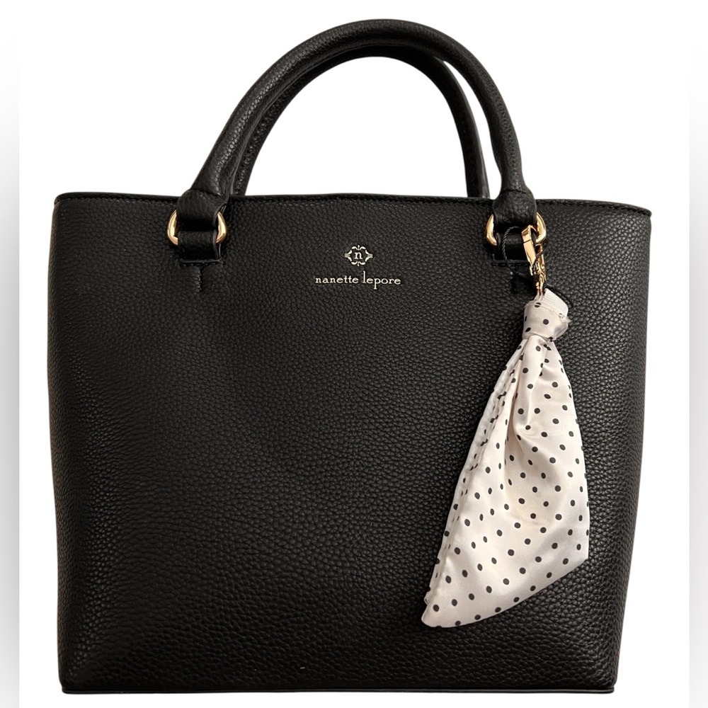 Nanette Lepore Black Priya Satchel Bag Crossbody Tote with Polka Dot Accent